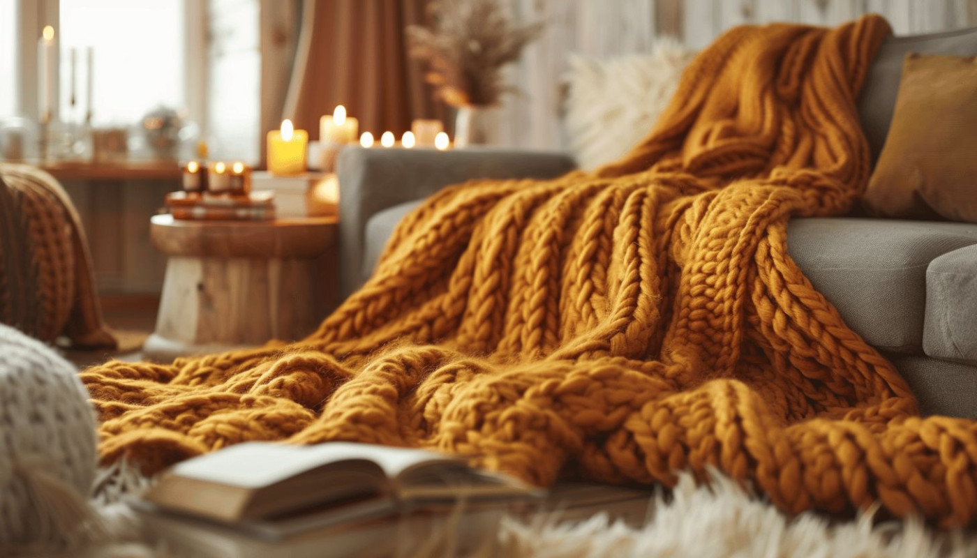 Le charme du plaid en grosse maille moutarde pour une décoration cosy