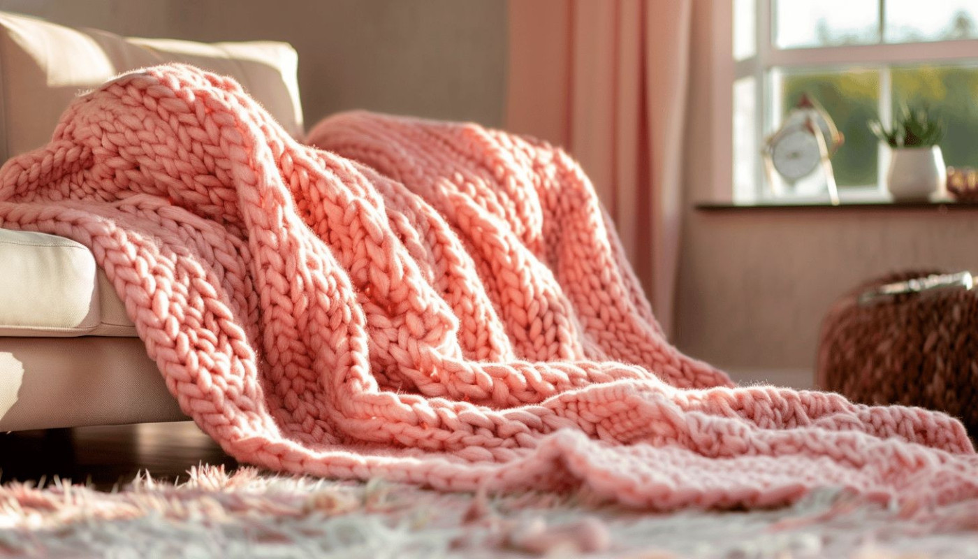 Le charme du plaid en grosse maille rose poudre pour une décoration cosy